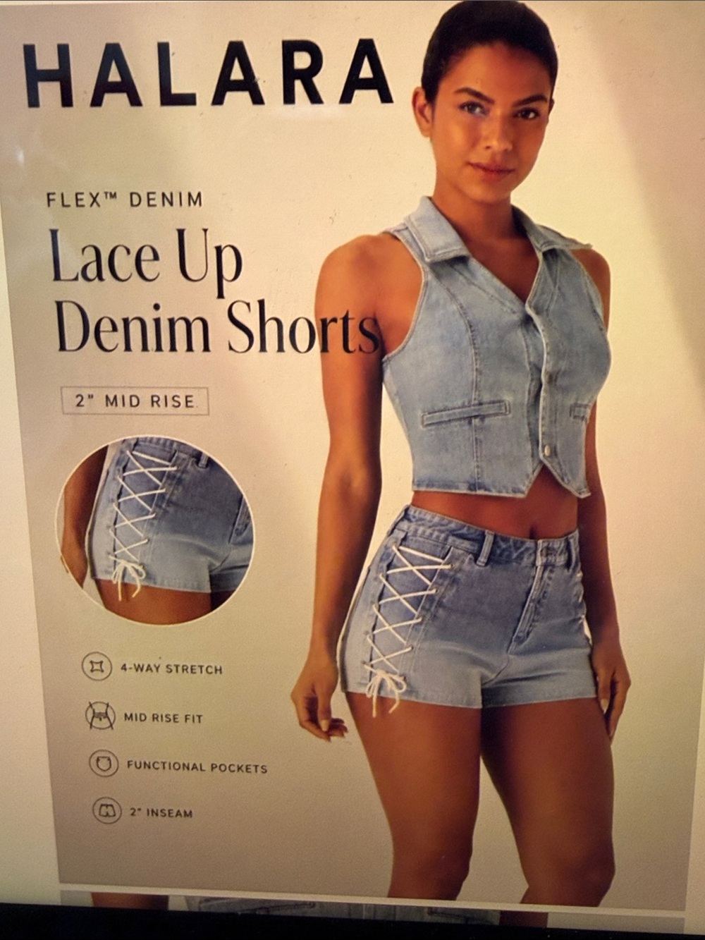 Halara Flex Mid Rise Lace Up Denim Shorts SzS NWT